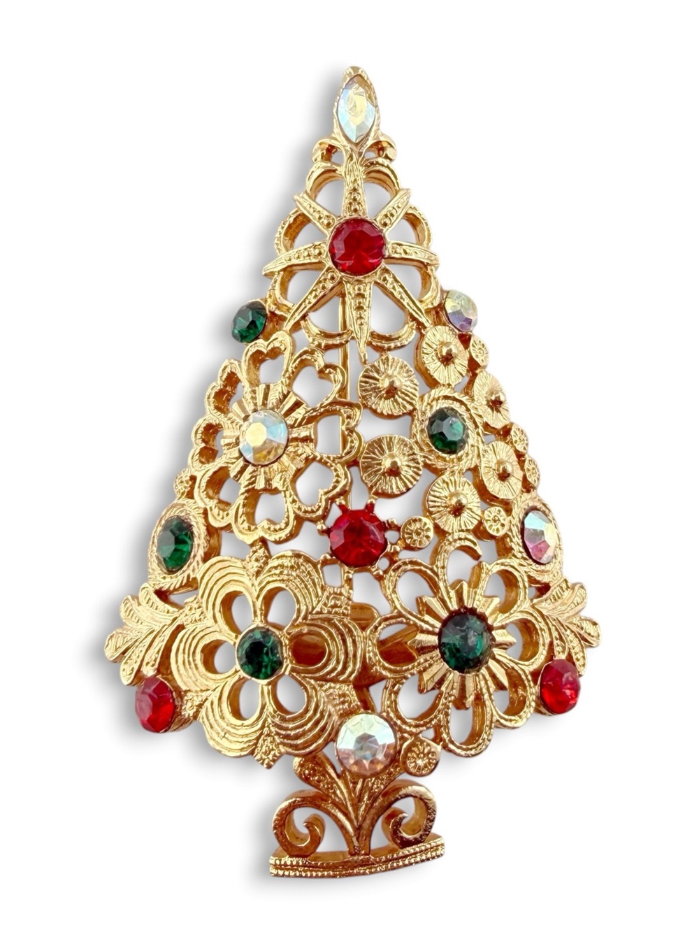 Vintage MYLU Golden Floral Scroll Multicolor Rhinestone Christmas Tree Brooch